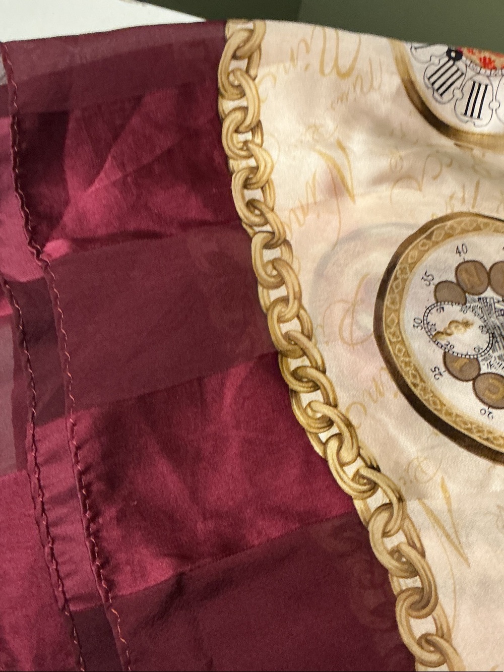 Nina Ricci Cream Silk Scarf Gold Chain Burgundy Border Pocketwatch Print EUC - Picture 5 of 5